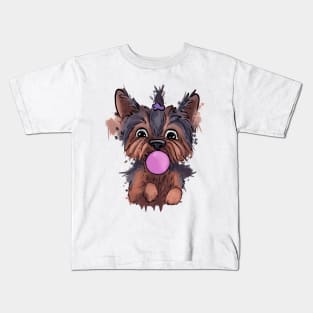 Cute, yorkie - puppy with bubble gum Kids T-Shirt